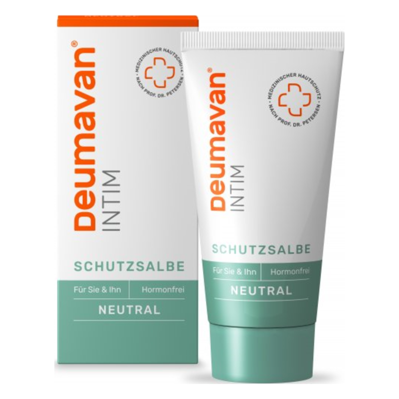 Tube mit Deumavan Intim Schutzsalbe in neutraler Verpackung, für sensitive Haut geeignet, hormonfrei.