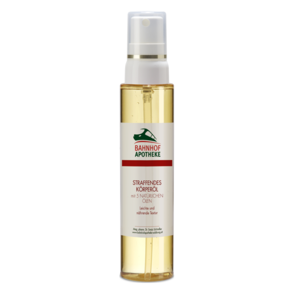 Transparente Flasche mit Pumpverschluss, gefüllt mit straffendem Körperöl von Bahnhof Apotheke.