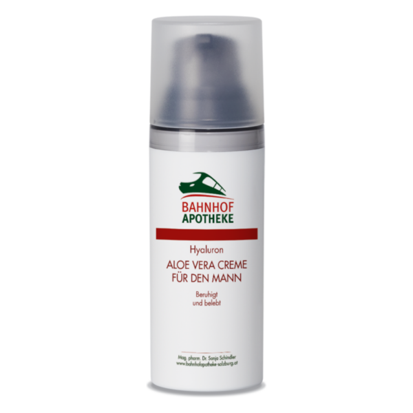 Spenderflasche mit Hyaluron und Aloe Vera Creme für Männer, beschriftet mit beruhigenden Eigenschaften.