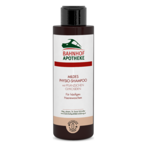 Flasche mit mildem Physioshampoo von Bahnhof Apotheke, für häufiges Haarwaschen, mit pflanzlichen Glykosiden.