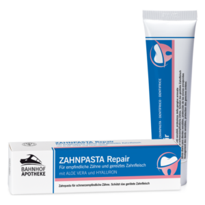 Zahnpasta in einer Tube sowie eine Verpackung, beide für empfindliche Zähne mit Aloe Vera und Hyaluron.