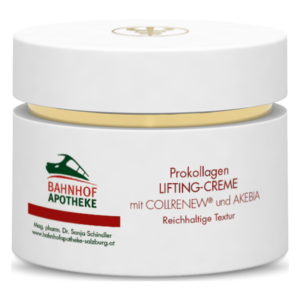 Weißer Cremetiegel mit goldener Kappe, etikettiert mit "Prokollagen Lifting-Creme" und Logo der Bahnhof Apotheke.