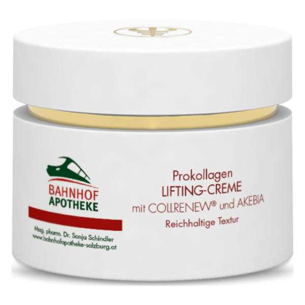 Weißer Cremetiegel mit goldener Kappe, etikettiert mit "Prokollagen Lifting-Creme" und Logo der Bahnhof Apotheke.
