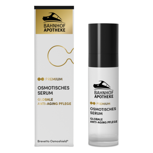 Osmotisches Serum in einer eleganten Flasche mit schwarzem Deckel und zugehöriger Verpackung mit goldenen Akzenten.