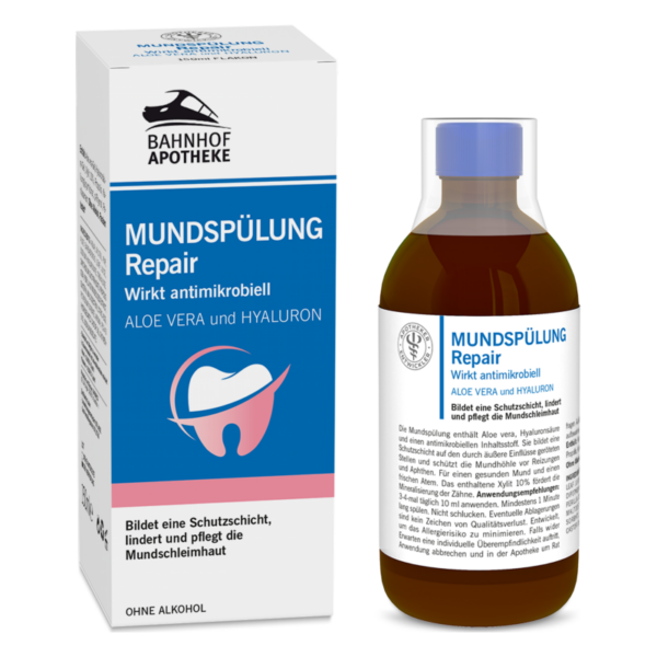 Flasche mit Mundspülung 'Repair' in einem Karton, enthält Aloe Vera und Hyaluron, wirkt antimikrobiell.