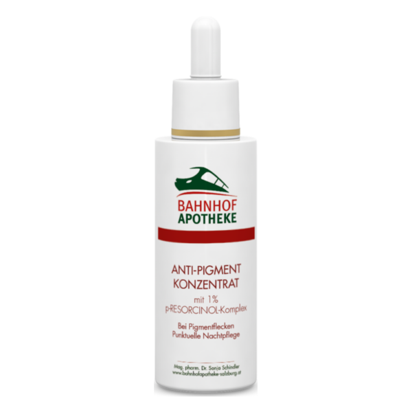 Flasche mit Anti-Pigment-Konzentrat von Bahnhof Apotheke, mit Pipette und 1% p-RESORCINOL-Komplex, für punktuelle Nachtpflege.
