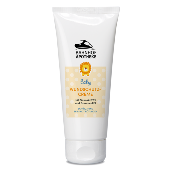 Tube mit Wundschutzcreme für Babys, enthält Zinkoxid und Baumwollöl, mit orangener Löwenillustration.