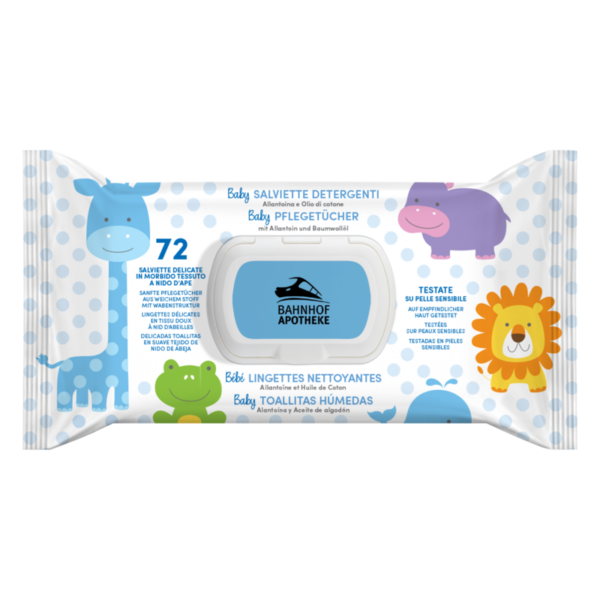 Verpackung von Baby-Pflegetüchern mit Tiermotiven, enthält 72 Tücher, für empfindliche Haut, Allantoin und Baumwollöl.