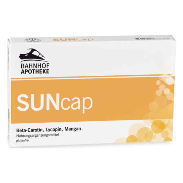 Verpackung des Nahrungsergänzungsmittels SUNcap mit Beta-Carotin, Lycopin und Mangan, glutenfrei.