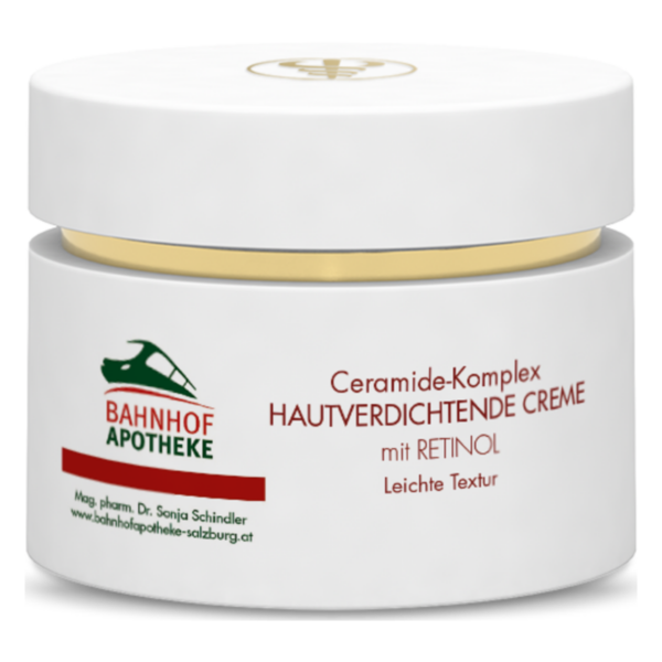 Weißer Tiegel mit goldfarbenem Deckel, gefüllt mit Hautverdichtender Creme mit Retinol.