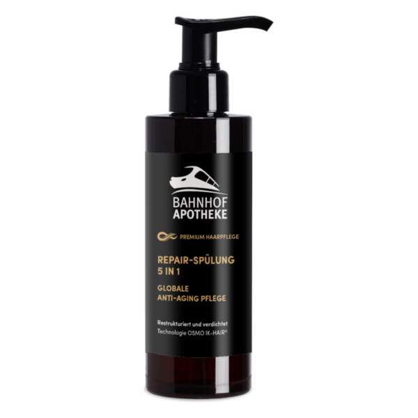 Schwarze Flasche mit Pumpe der Bahnhof Apotheke, enthält eine 5-in-1 Repair-Spülung für Haarpflege.