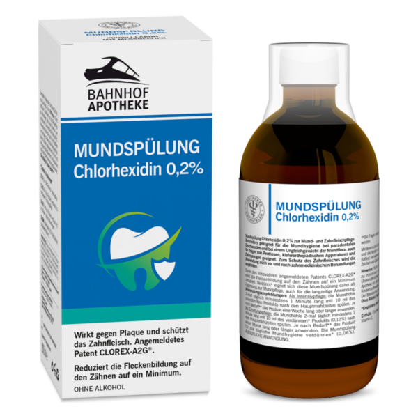Mundspülung mit Chlorhexidin 0,2% in brauner Flasche und blauer Verpackung mit Angaben zur Wirkung und Anwendung.