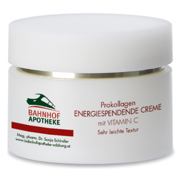 Weißer Cremebehälter mit goldenem Deckel, beschriftet mit 'Prokollagen Energiefördernde Creme' und 'Vitamin C'.