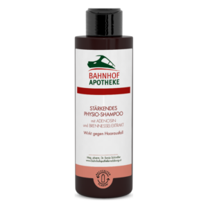 Flasche mit stärkendem Physio-Shampoo gegen Haarausfall, enthält Adenosin und Brennnessel-Extrakt.