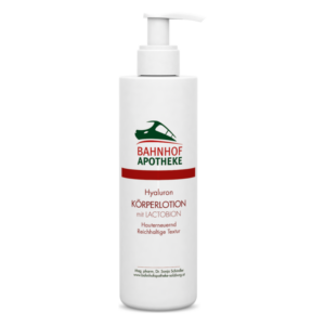 Spenderflasche mit Hyaluron Körperlotion von Bahnhof Apotheke, reichhaltige Textur, Hauterneuerung.