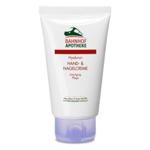 Tube mit Hyaluron Hand- und Nagelcreme der Bahnhof Apotheke, Anti-Aging Pflege, weißes Design mit rotem Schriftzug.