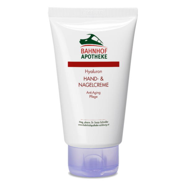 Tube mit Hyaluron Hand- und Nagelcreme der Bahnhof Apotheke, Anti-Aging Pflege, weißes Design mit rotem Schriftzug.