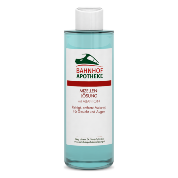 Flasche mit Mizellen-Lösung von Bahnhof Apotheke, blaues Design, enthält Allantoin zur Make-up-Entfernung für Gesicht und Augen.