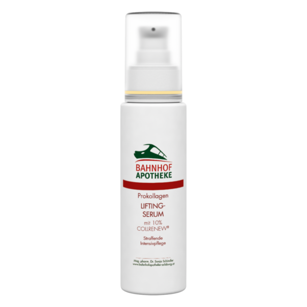 Flasche mit Prokollagen Lifting-Serum von Bahnhof Apotheke, weiß mit grünem Logo und rotem Schriftzug.