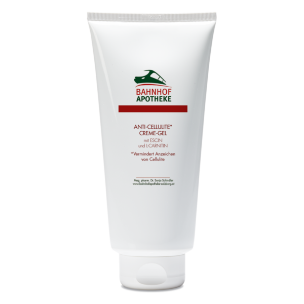 Weißes Tube mit Anti-Cellulite Creme-Gel von Bahnhof Apotheke, betont mit roten Schriftzügen und Bildmarke.
