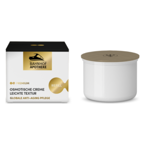 Packung mit osmotischer Anti-Aging-Creme in einer weißen Dose mit Holzdeckel und schwarzem Karton.