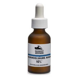 Braune Glasflasche mit Pipette, etikettiert mit "Mandel- säure AHA 10%", für äußere Anwendung.