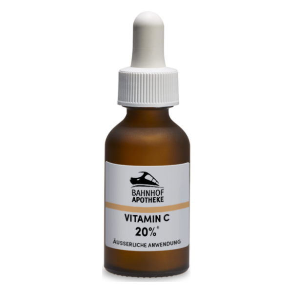 Braune Glasflasche mit Pipette, enthält 20% Vitamin C für äußerliche Anwendung, etikettiert mit Bahnhof Apotheke.