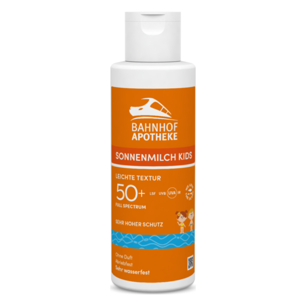 Sonnenmilch für Kinder in einer orangefarbenen Flasche mit Schraubverschluss und hohem Lichtschutzfaktor 50+.