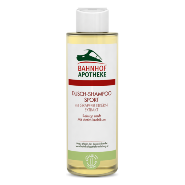 Flasche Dusch-Shampoo Sport mit Grapefruitkern-Extrakt, gekennzeichnet mit Bahnhofs-Apotheke.