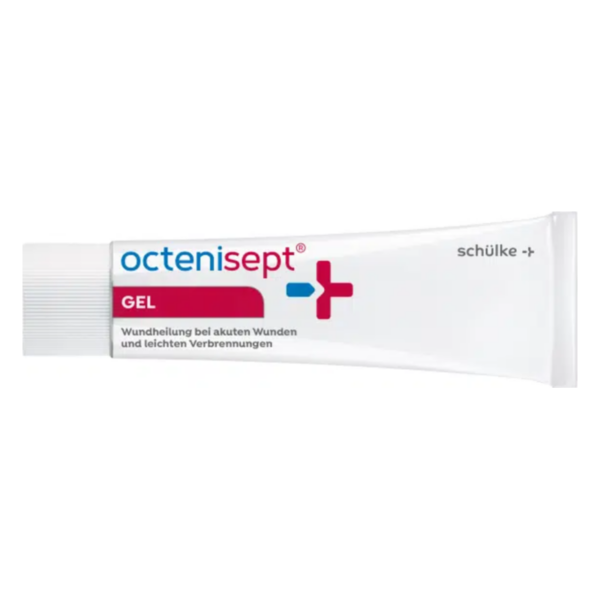 Tube mit octenisept Gel zur Wundheilung bei akuten Wunden und leichten Verbrennungen, mit silberner Kappe.