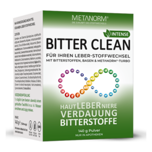 Paket des Nahrungsergänzungsmittels 'Bitter Clean' zur Unterstützung des Leberstoffwechsels, mit grafischen Elementen über Inhaltsstoffe.