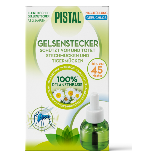 Packung eines elektrischen Gelsensteckers von PISTAL, pflanzenbasiert, geruchlos, reicht bis zu 45 Nächte.