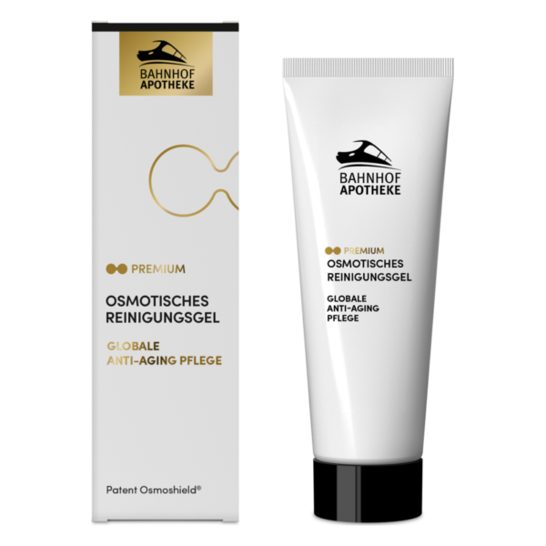 Reinigungsgel in einer weißen Tube mit schwarzem Deckel und passender Verpackung, betont Anti-Aging Pflege.