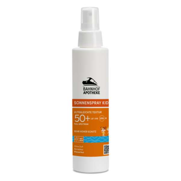 Sonnenspray für Kinder mit LSF 50+, bietet hohen Sonnenschutz, in einer praktischen Sprühflasche mit wasserdichter Formel.