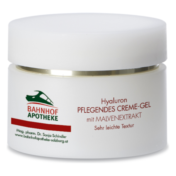 Weißes Creme-Gel mit goldener Randverzierung, beschriftet mit Inhaltsstoffen und Apotheke-Logo.