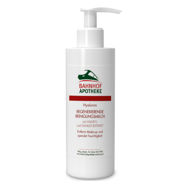 Pumpflasche mit regenerierender Reinigungsmilch, enthält Hyaluron, Malven- und Kamillenextrakt, entfernt Make-up.