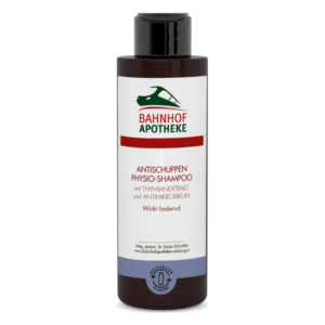 Flasche Antischuppen Physio-Shampoo mit Thymianextrakt, ansprechend designt für die Bahnhof Apotheke.
