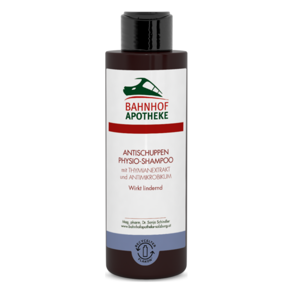 Flasche Antischuppen Physio-Shampoo mit Thymianextrakt, ansprechend designt für die Bahnhof Apotheke.