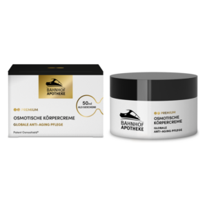 Hautpflegeprodukt in einem schwarzen Tiegel und passender Verpackung, von Bahnhof Apotheke, mit Anti-Aging-Eigenschaften.