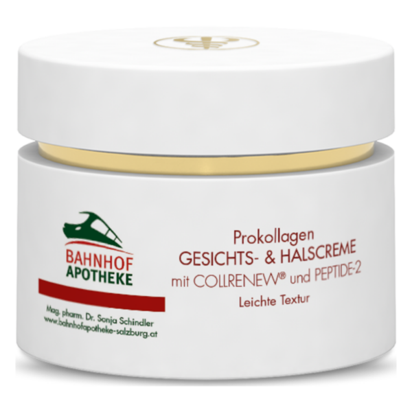 Weiße Creme mit goldener Schraubhaube, Etikett informiert über die Verwendung als Gesichts- und Halscreme.