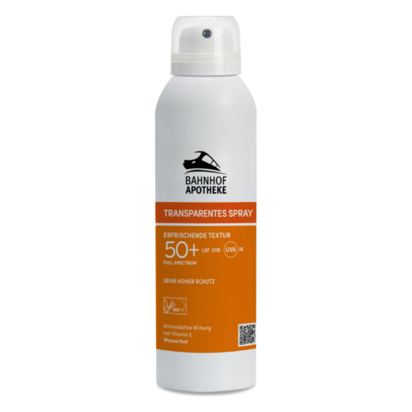 Transparente Sprayflasche mit Sonnenschutzfaktor 50+, erfrischender Textur und antioxidativer Wirkung mit Vitamin E.