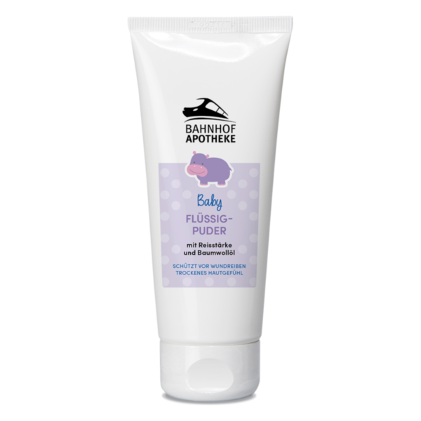 Tube mit flüssigem Babypuder von Bahnhof Apotheke, schützt vor wunden Stellen und trockener Haut.