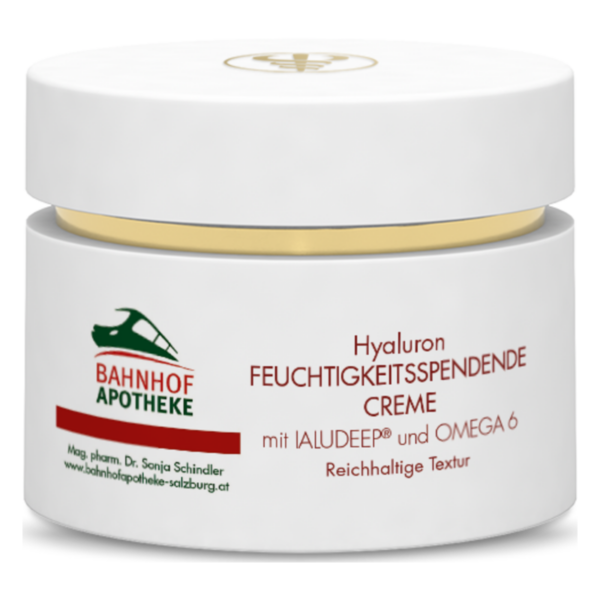 Weißer Tiegel mit feuchtigkeitsspendender Hyaluroncreme, goldener Deckel, beschriftet mit "Hyaluron Feuchtigkeitsspendende Creme".