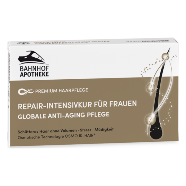 Verpackung einer Haarpflegekur für Frauen mit Fokus auf Anti-Aging und Repair-Technologie in eleganter Box.