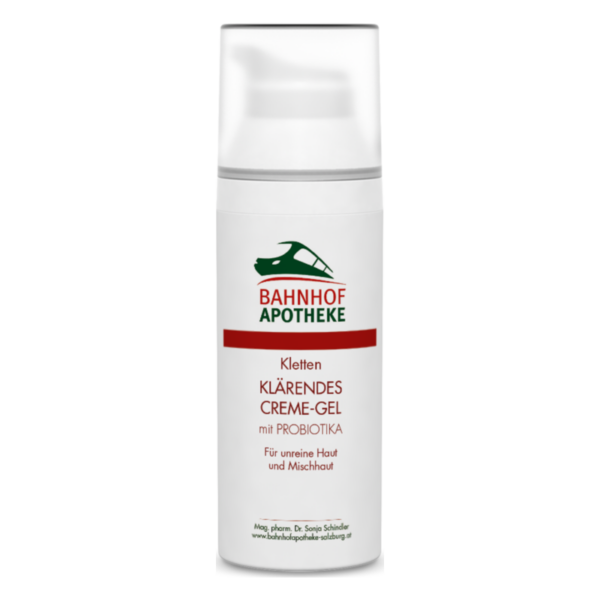 Klarendes Creme-Gel in einer weißen Pumpflasche von Bahnhof Apotheke, für unreine und Mischhaut, mit Probiotika.
