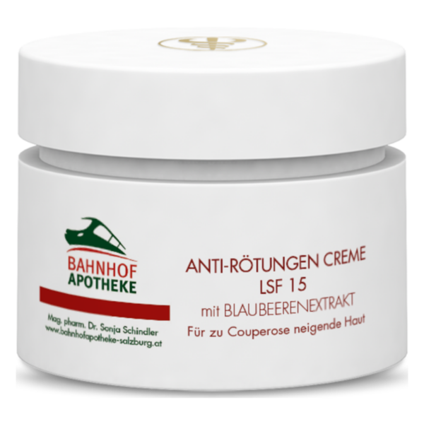 Weiße Cremeverpackung für Anti-Rötungen mit LSF 15 und Blaubeerenextrakt, für zu Couperose neigende Haut.