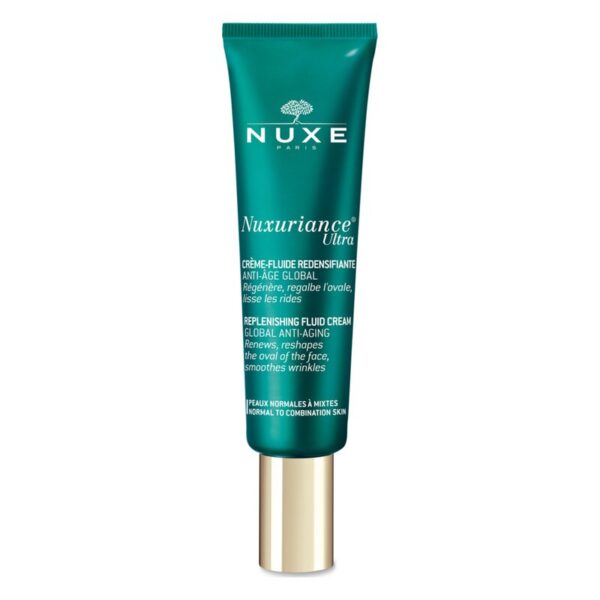 Grüne Tube mit goldenen Details, enthält NUXE Nuxuriance Ultra Anti-Aging Creme für normale bis Mischhaut.