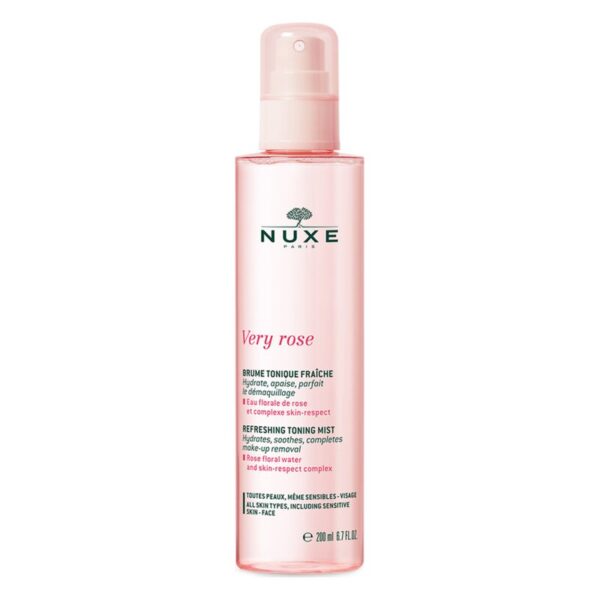 Transparente Flasche mit rosa Tonic von Nuxe, beschriftet mit "Very rose" und Anwendungshinweisen in mehreren Sprachen.