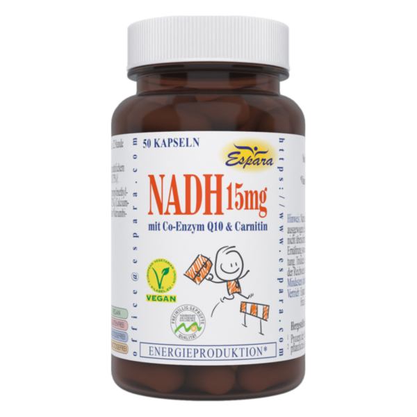 Braune Flasche mit 50 Kapseln NADH 15mg, Co-Enzym Q10 und Carnitin, vegan, mit Energiesymbol.