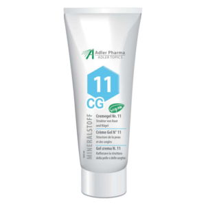 Weißer Tubus mit Cremegel Nr. 11 für Haut und Nägel, vegan, mit blauen und grünen Labels.